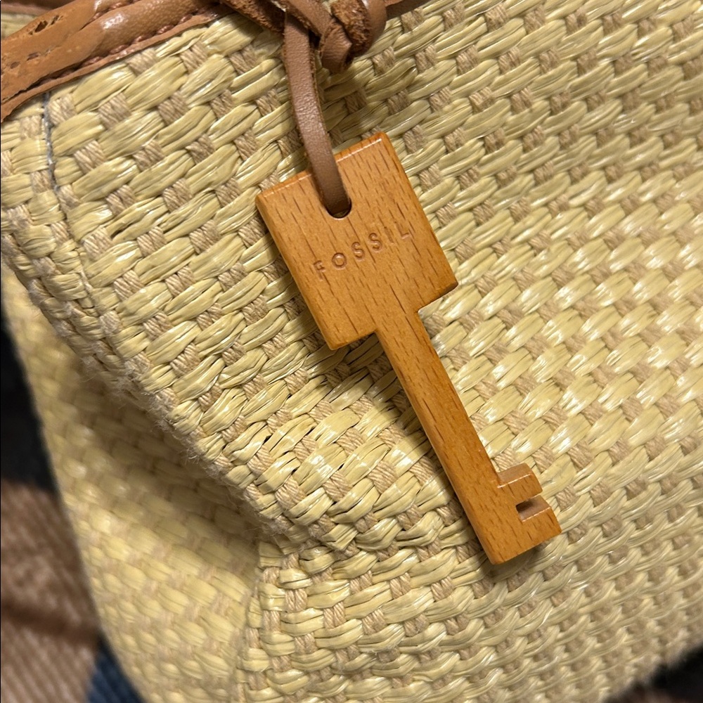 Fossil Tan Woven Tote with Wooden Handles - Picture 2 of 14